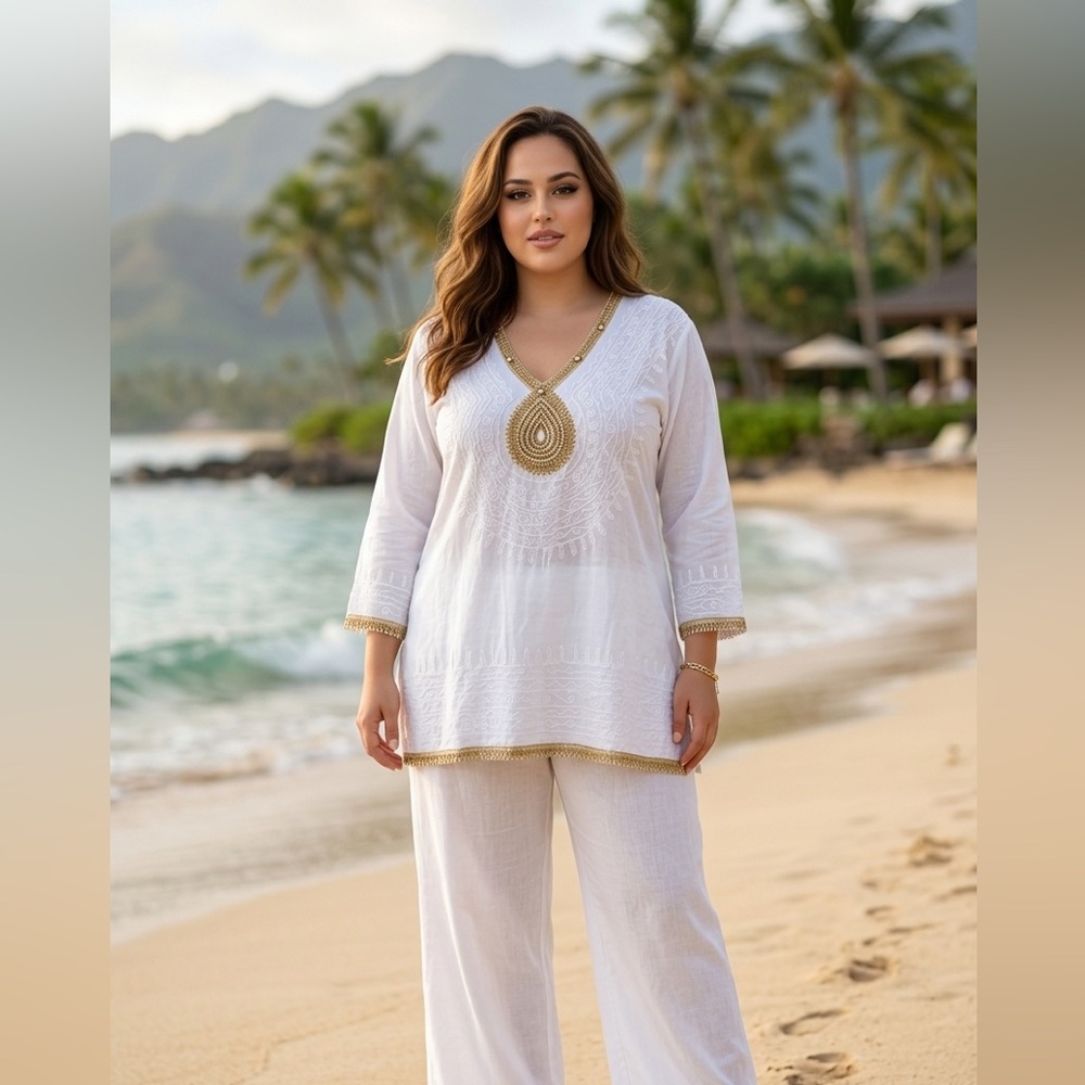 #132 Embroidered V-Neck Top with Gold Trim 💯 Cotton